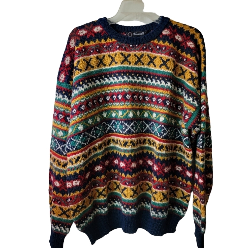 FACONNABLE vintage men's multi-pattern alpaca hand knit sweater - Picture 2 of 7
